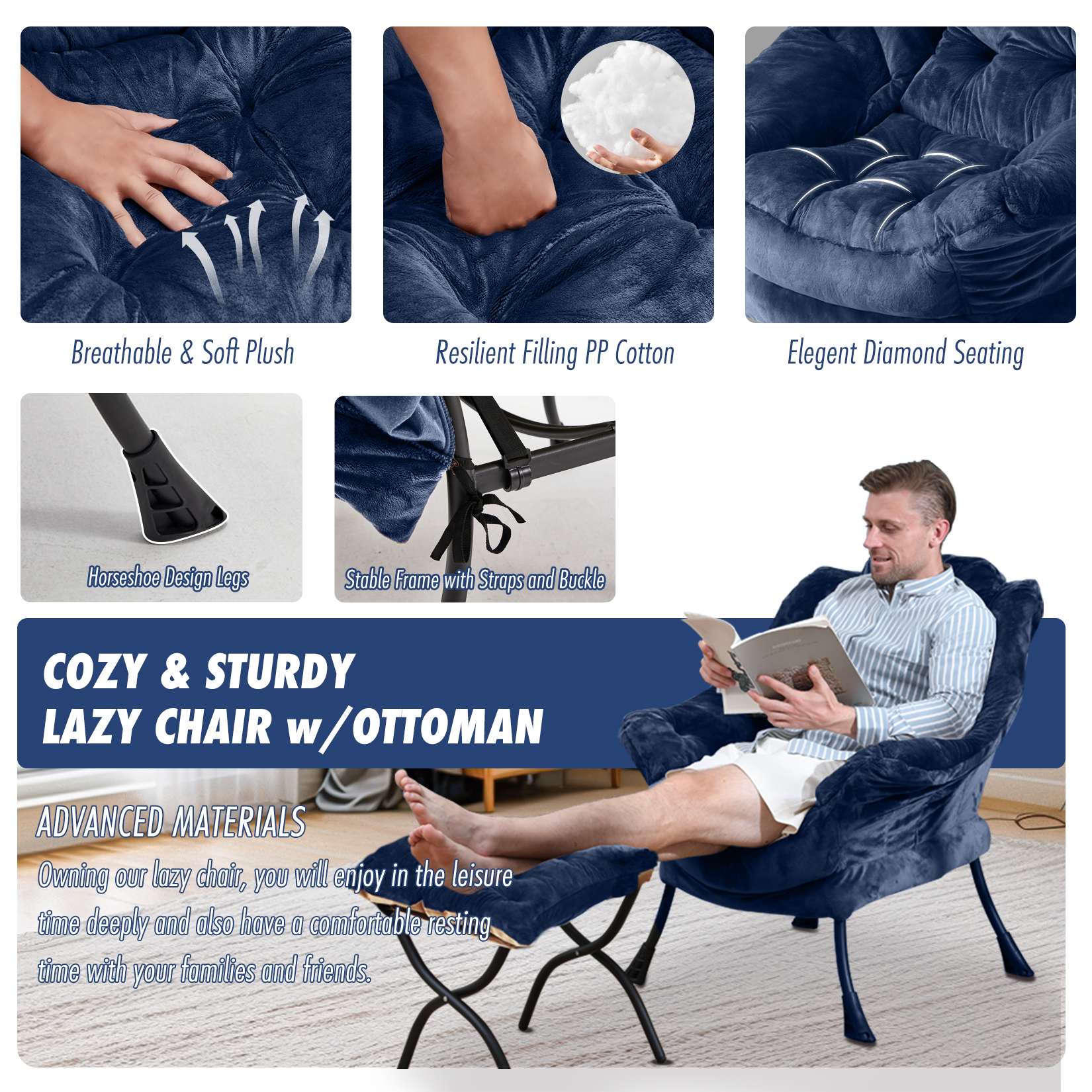 AHB® Lazy Chair with Folding Ottoman Upholstered Sofa Armchair Reading Chair
