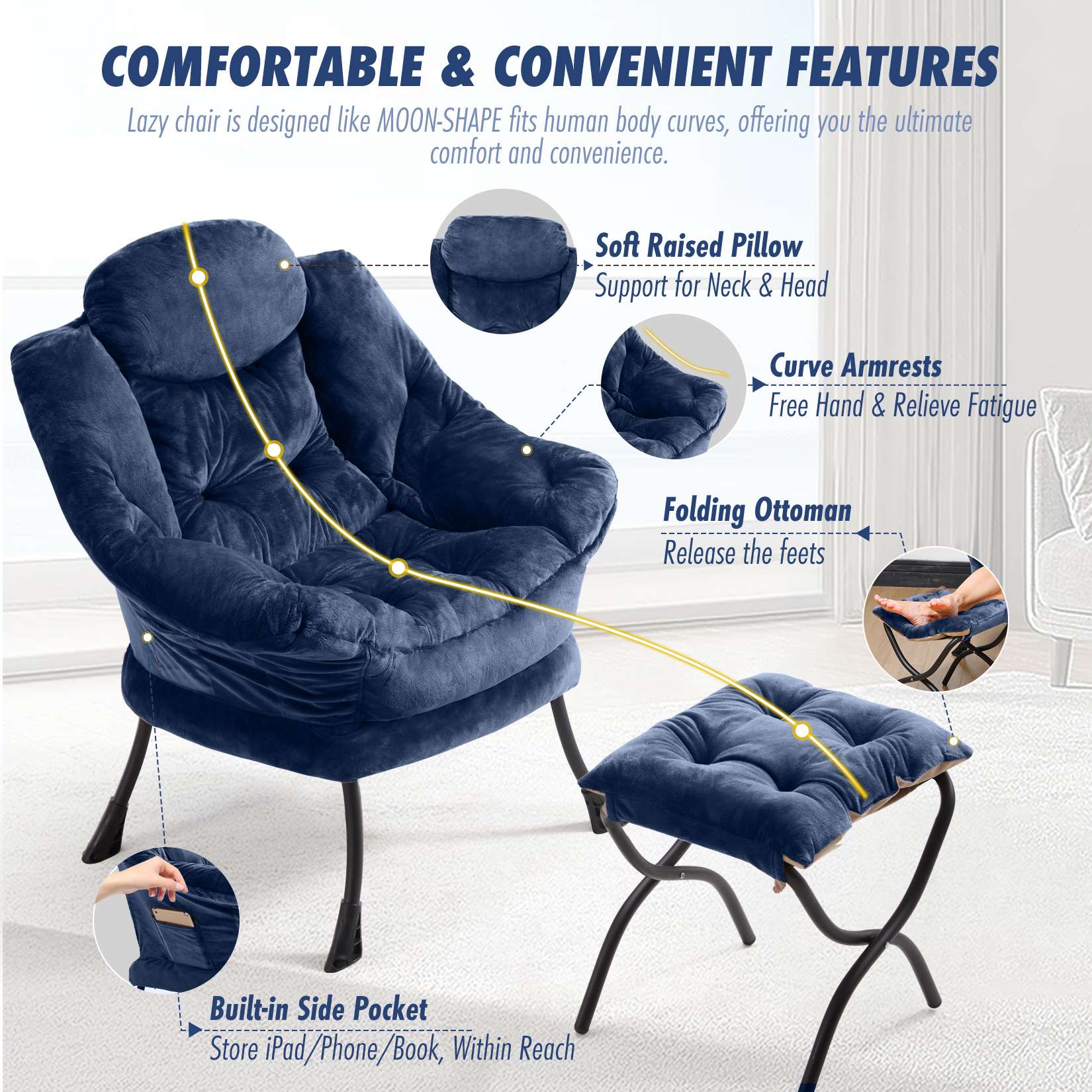 AHB® Lazy Chair with Folding Ottoman Upholstered Sofa Armchair Reading Chair