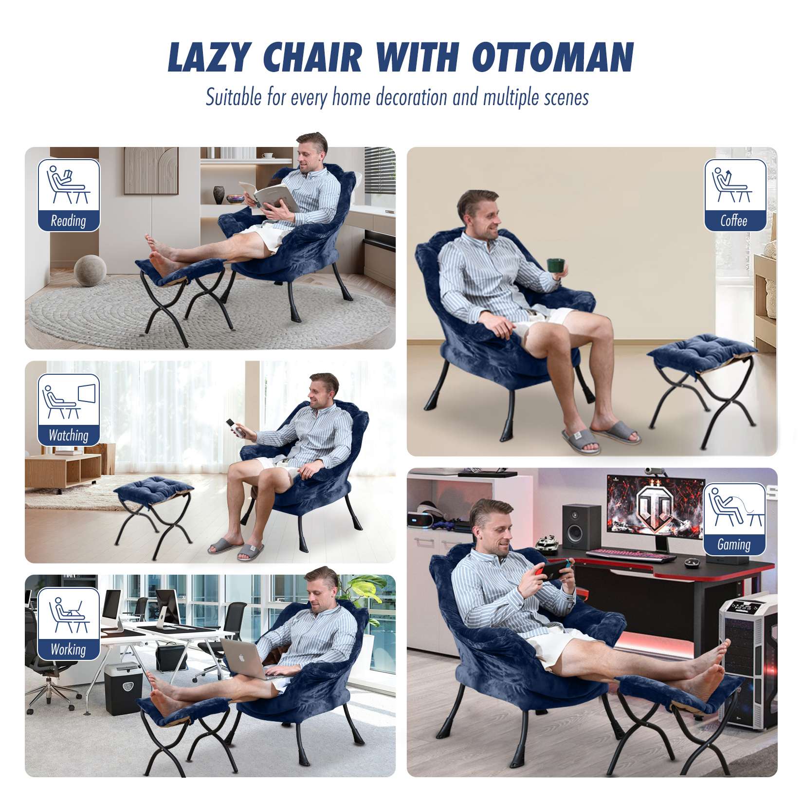 AHB® Lazy Chair with Folding Ottoman Upholstered Sofa Armchair Reading Chair