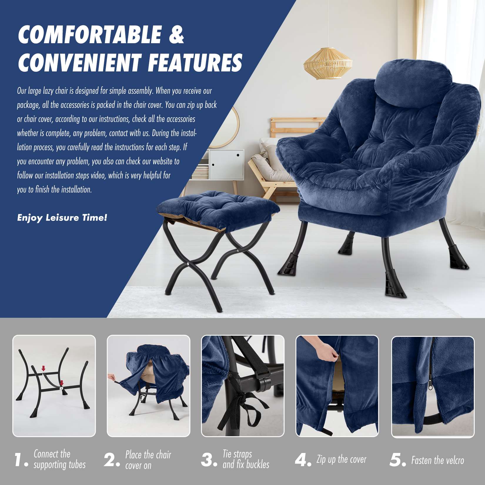 AHB® Lazy Chair with Folding Ottoman Upholstered Sofa Armchair Reading Chair
