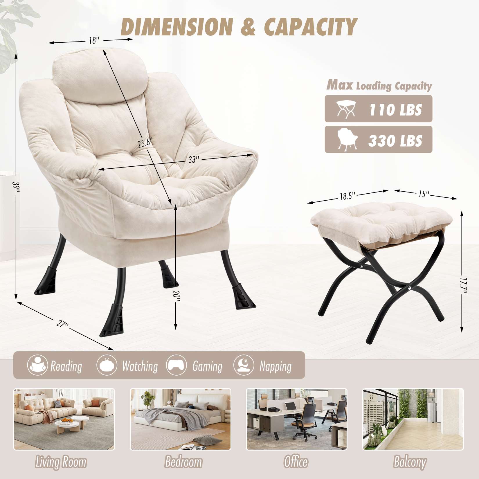AHB® Lazy Chair with Folding Ottoman Upholstered Sofa Armchair Reading Chair