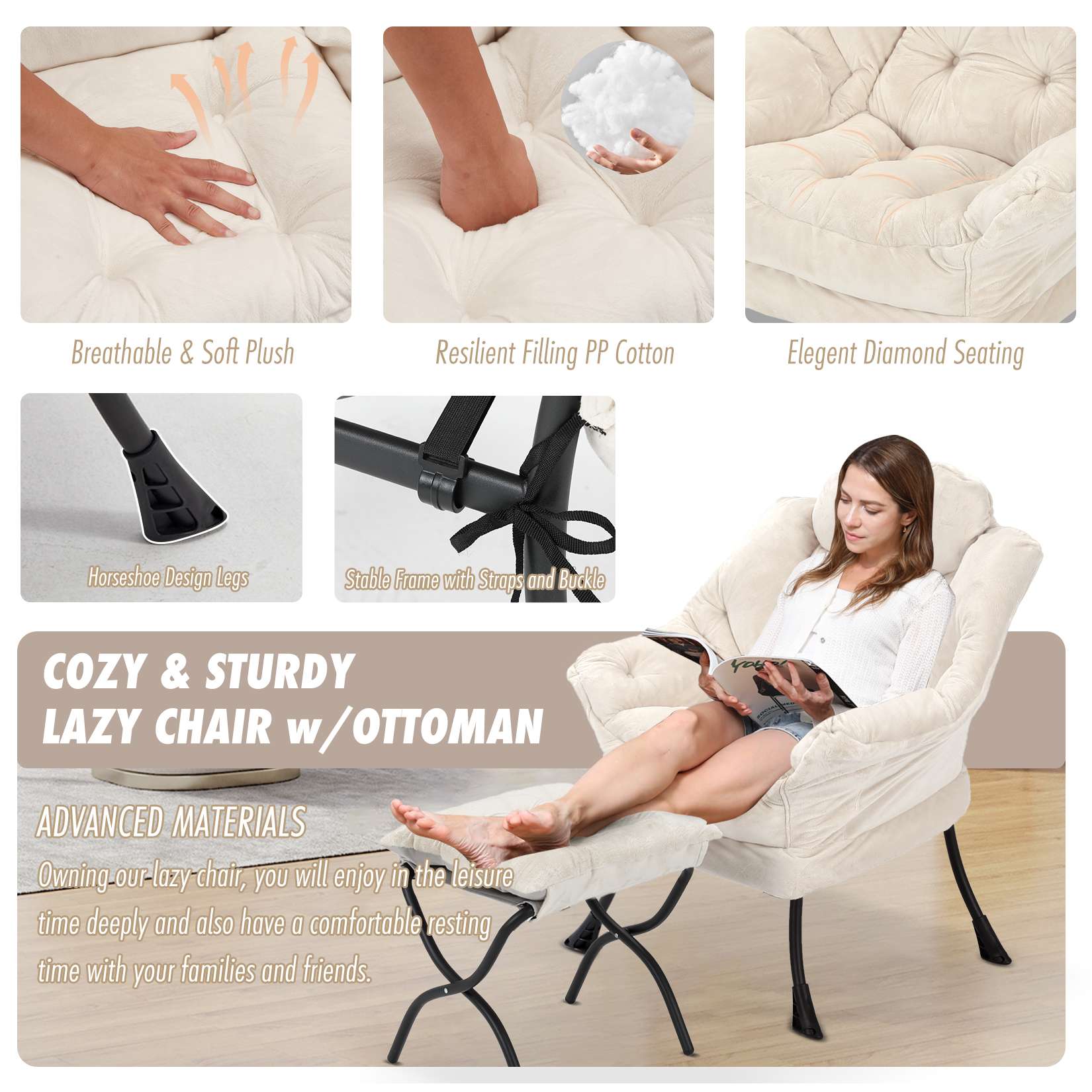 AHB® Lazy Chair with Folding Ottoman Upholstered Sofa Armchair Reading Chair