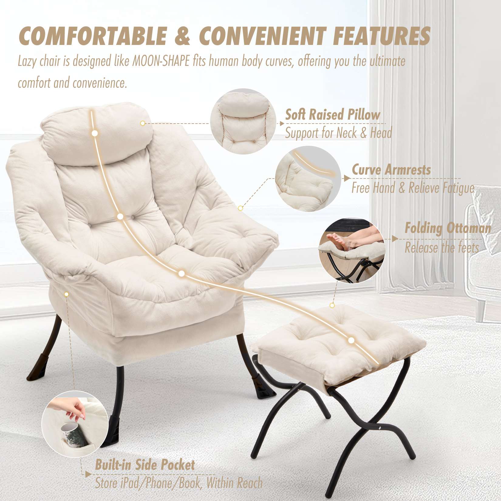 AHB® Lazy Chair with Folding Ottoman Upholstered Sofa Armchair Reading Chair
