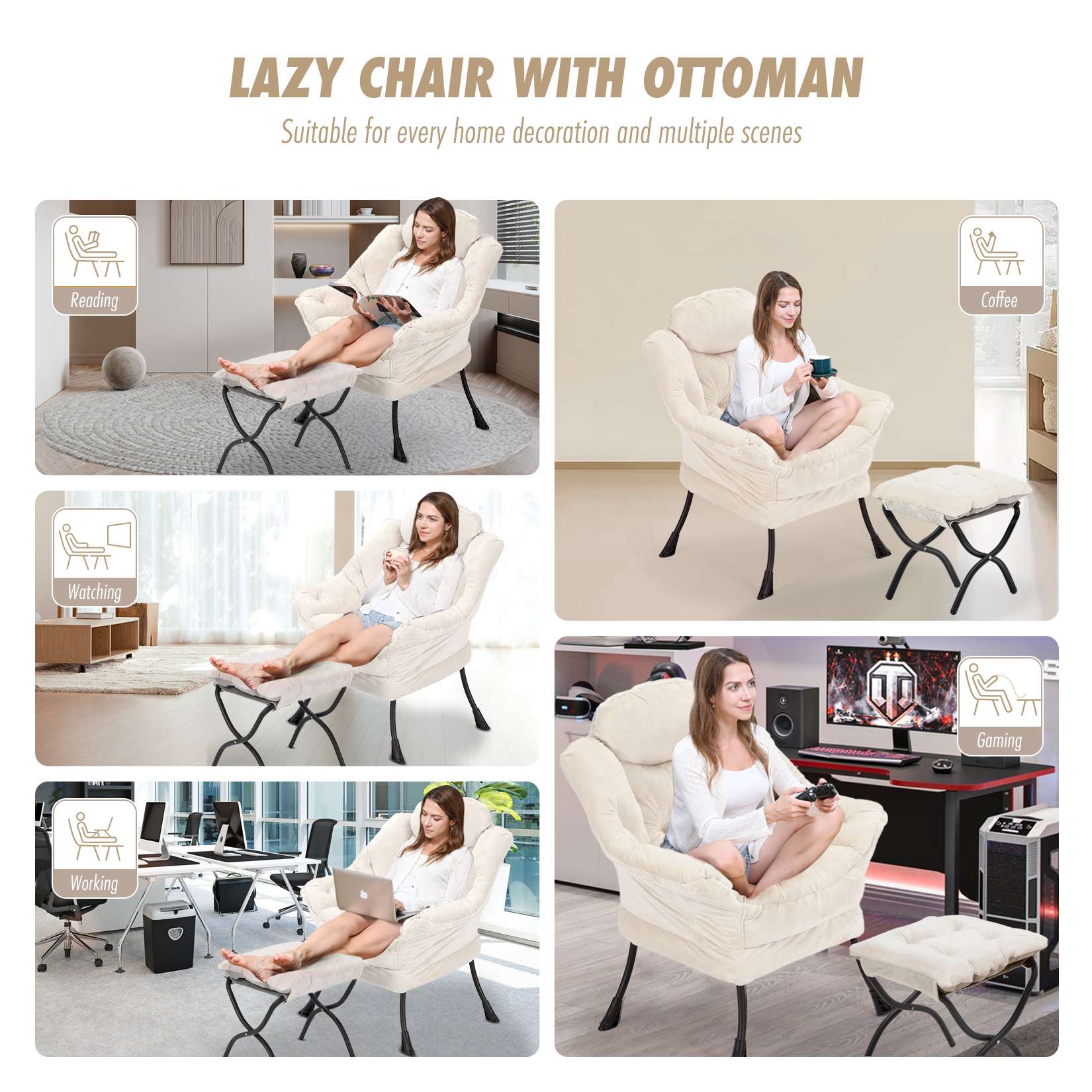 AHB® Lazy Chair with Folding Ottoman Upholstered Sofa Armchair Reading Chair