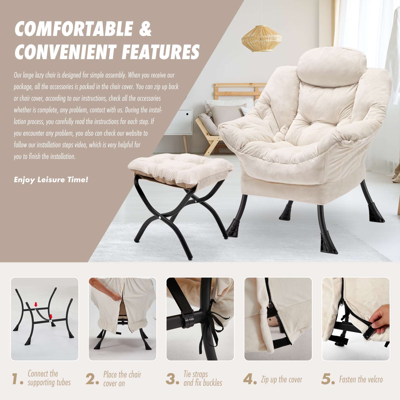 AHB® Lazy Chair with Folding Ottoman Upholstered Sofa Armchair Reading Chair