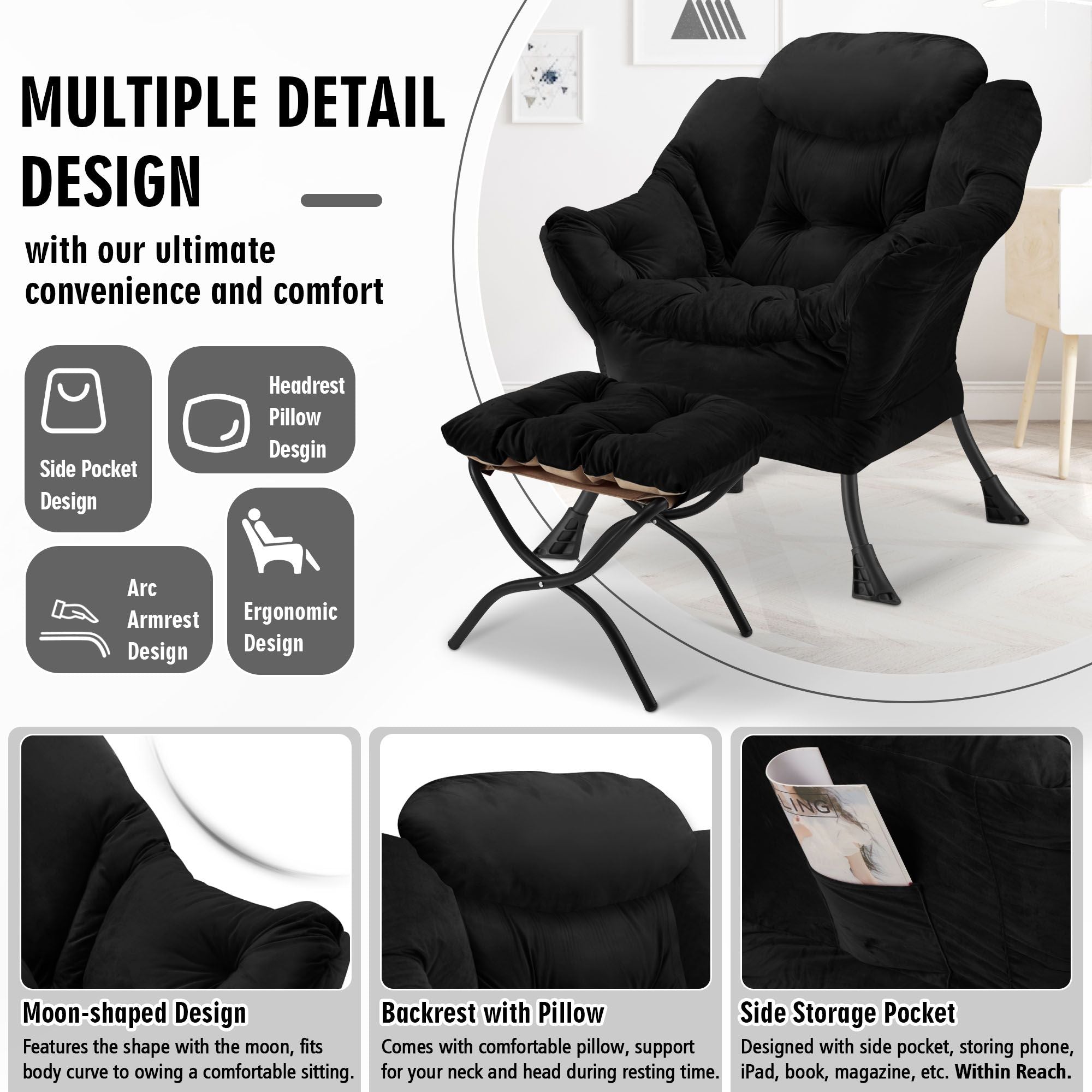 AHB® Lazy Chair with Folding Ottoman Upholstered Sofa Armchair Reading Chair