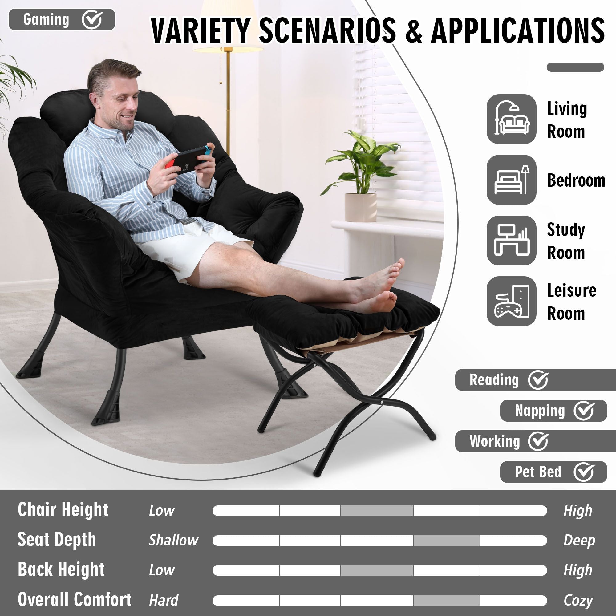 AHB® Lazy Chair with Folding Ottoman Upholstered Sofa Armchair Reading Chair