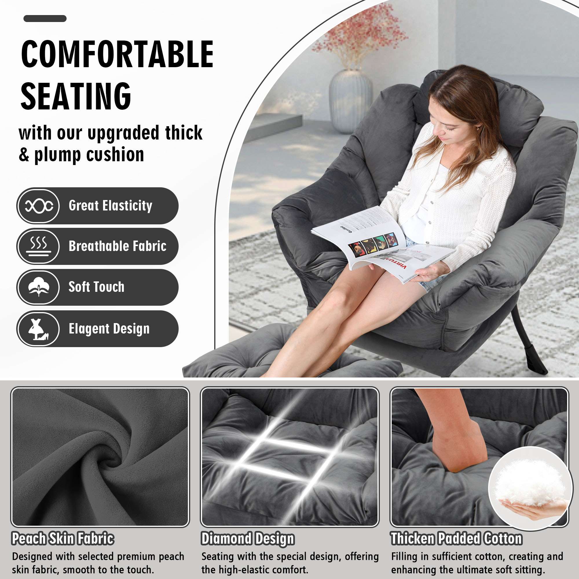 AHB® Lazy Chair with Folding Ottoman Upholstered Sofa Armchair Reading Chair