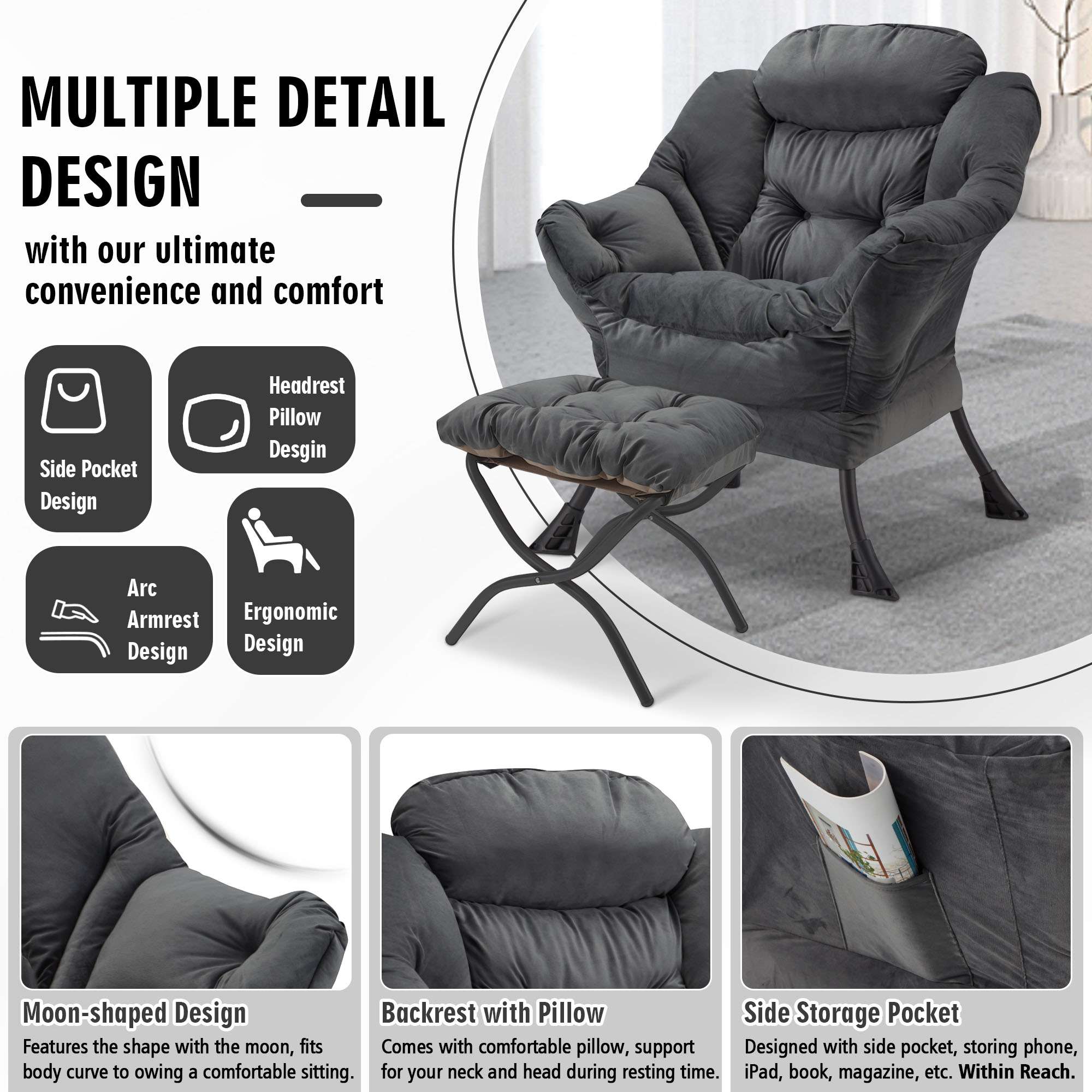 AHB® Lazy Chair with Folding Ottoman Upholstered Sofa Armchair Reading Chair