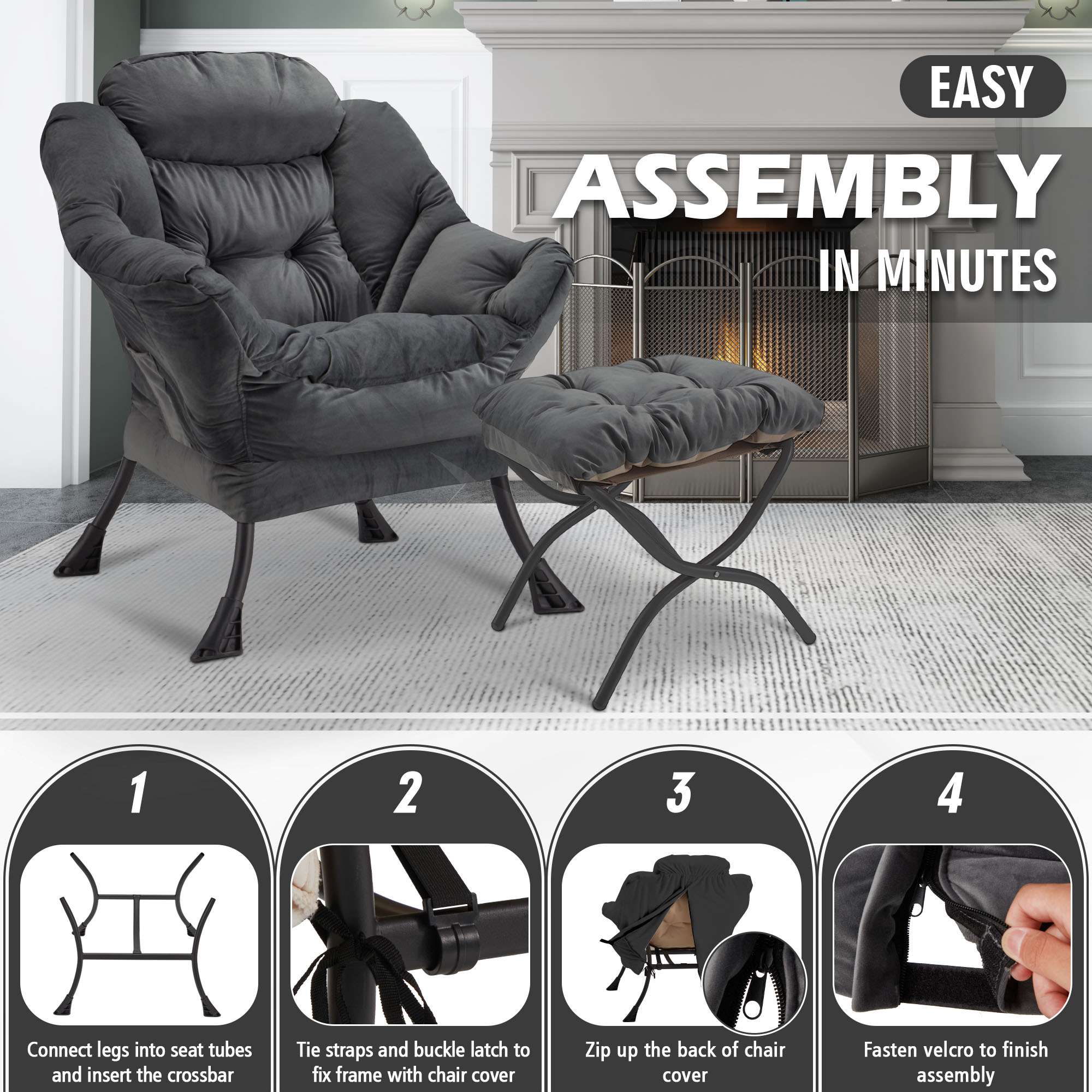 AHB® Lazy Chair with Folding Ottoman Upholstered Sofa Armchair Reading Chair