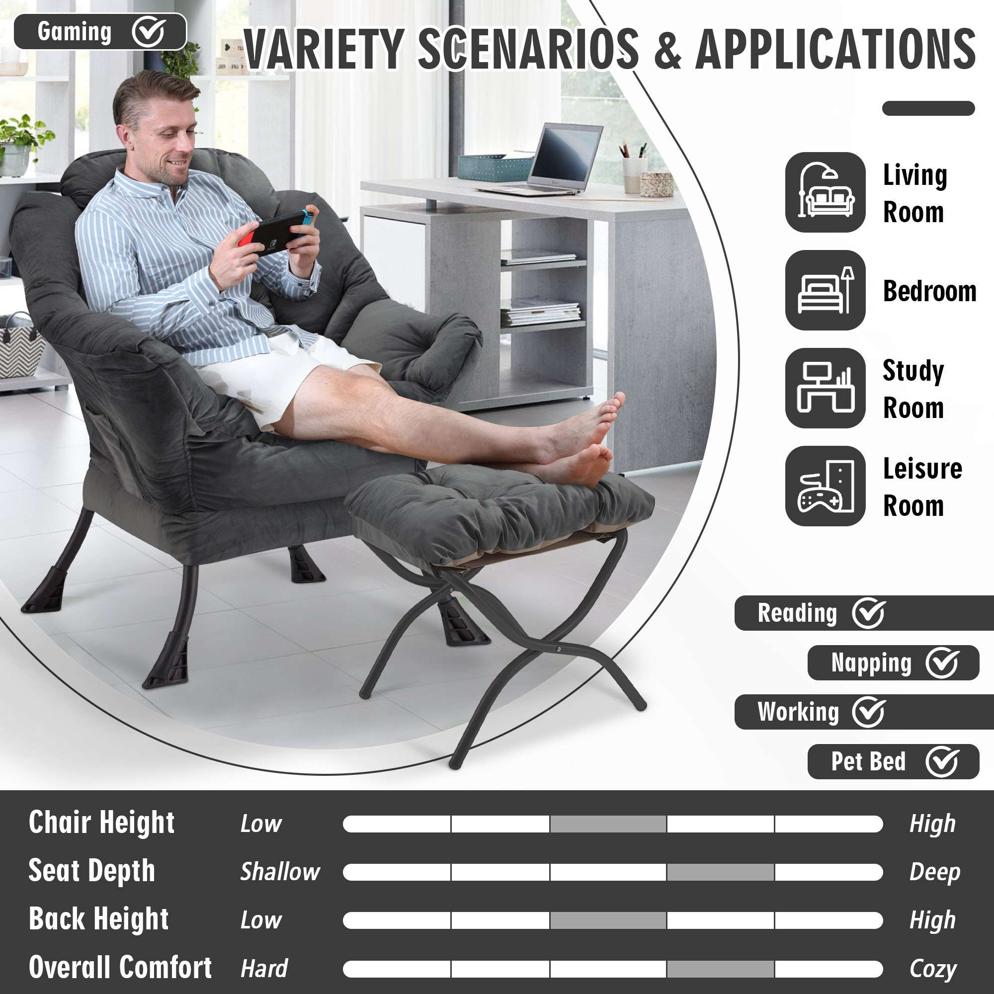 AHB® Lazy Chair with Folding Ottoman Upholstered Sofa Armchair Reading Chair