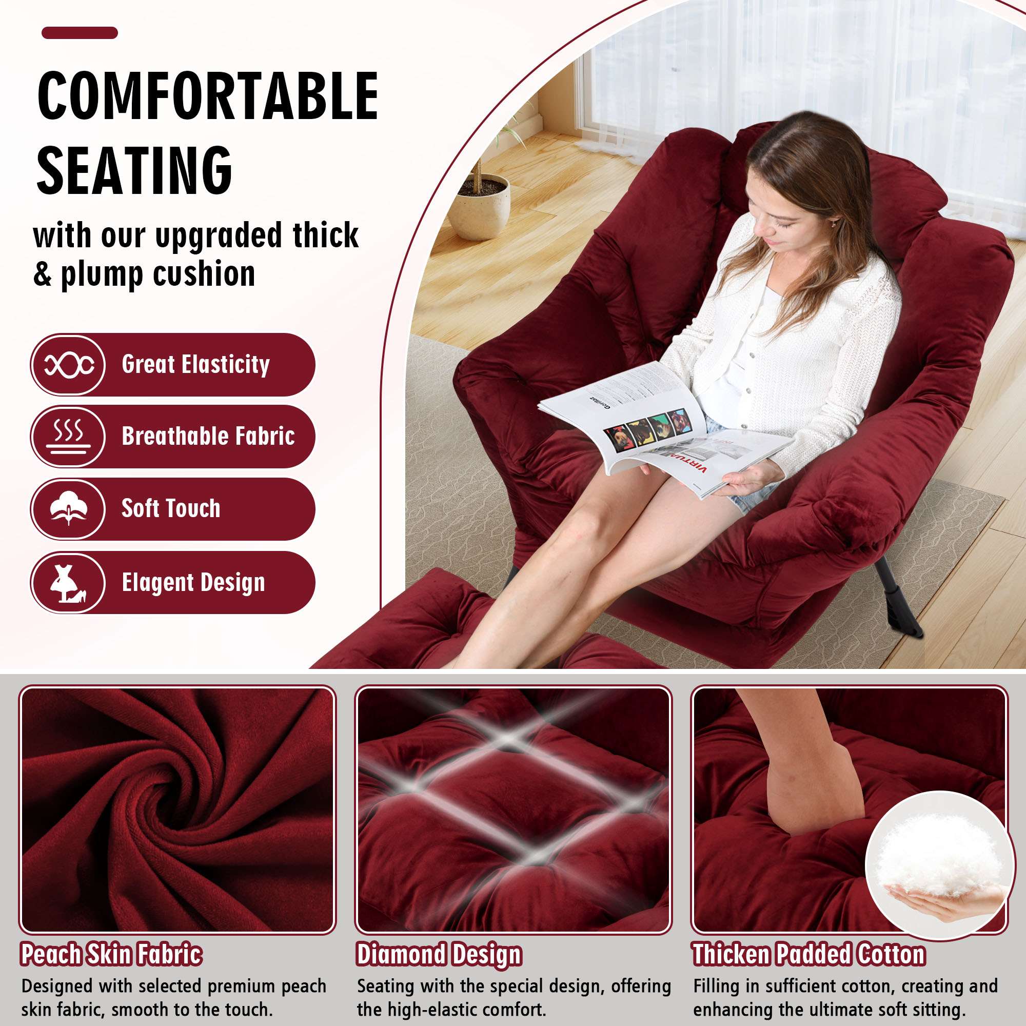 AHB® Lazy Chair with Folding Ottoman Upholstered Sofa Armchair Reading Chair