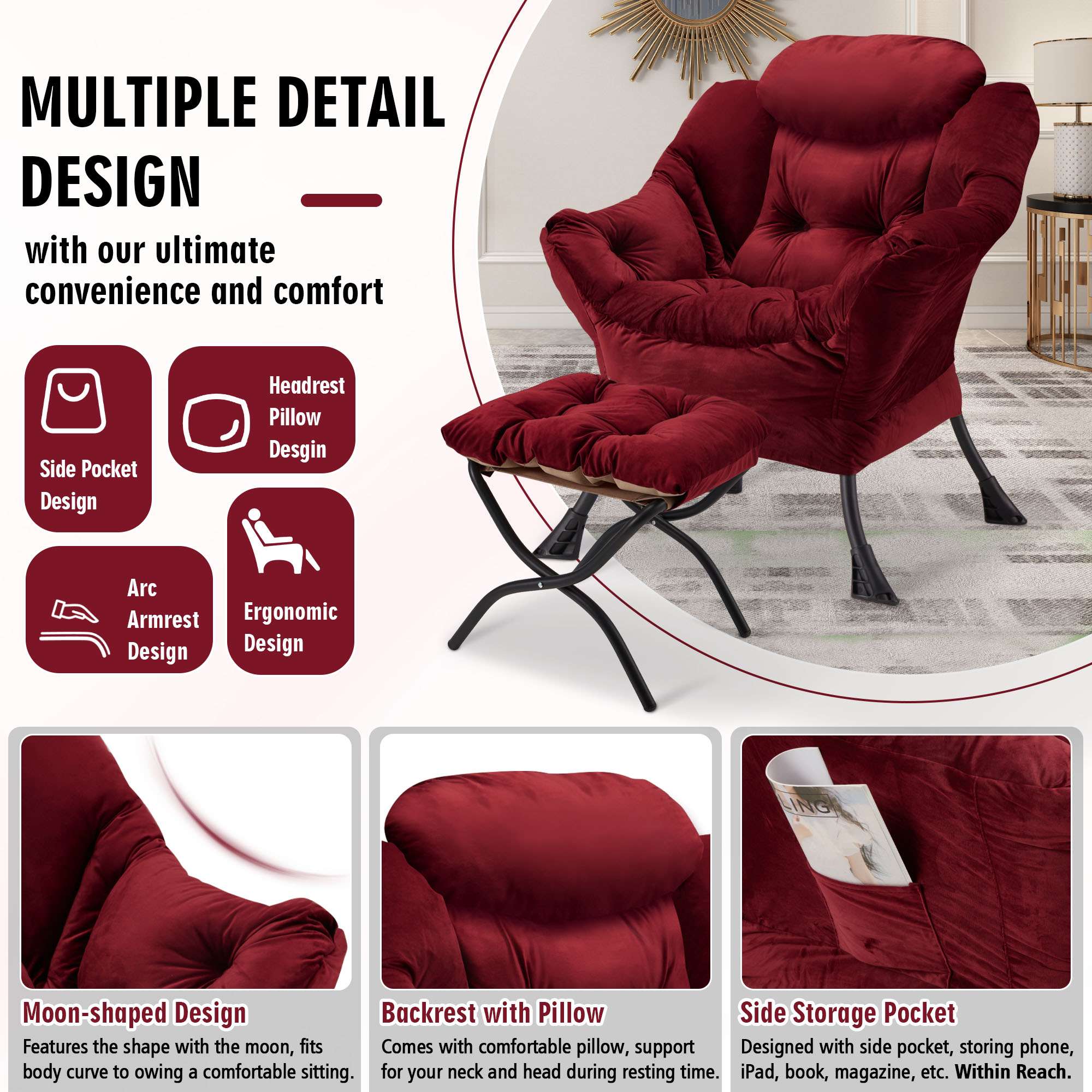 AHB® Lazy Chair with Folding Ottoman Upholstered Sofa Armchair Reading Chair