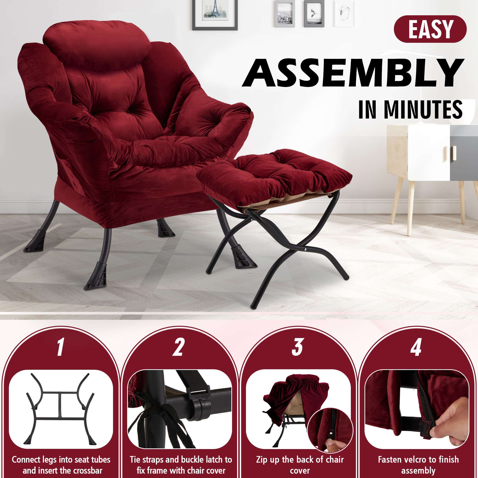 AHB® Lazy Chair with Folding Ottoman Upholstered Sofa Armchair Reading Chair