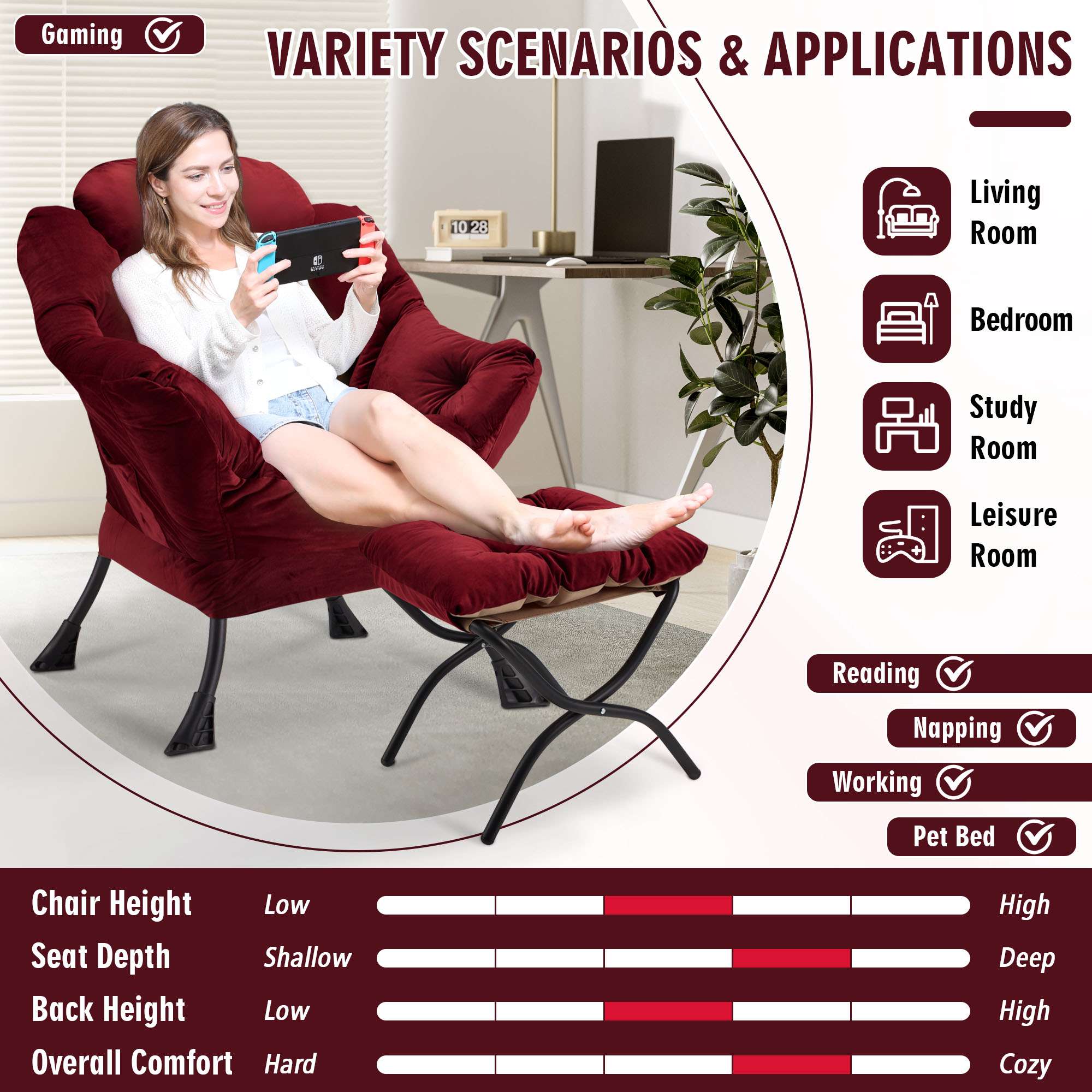 AHB® Lazy Chair with Folding Ottoman Upholstered Sofa Armchair Reading Chair