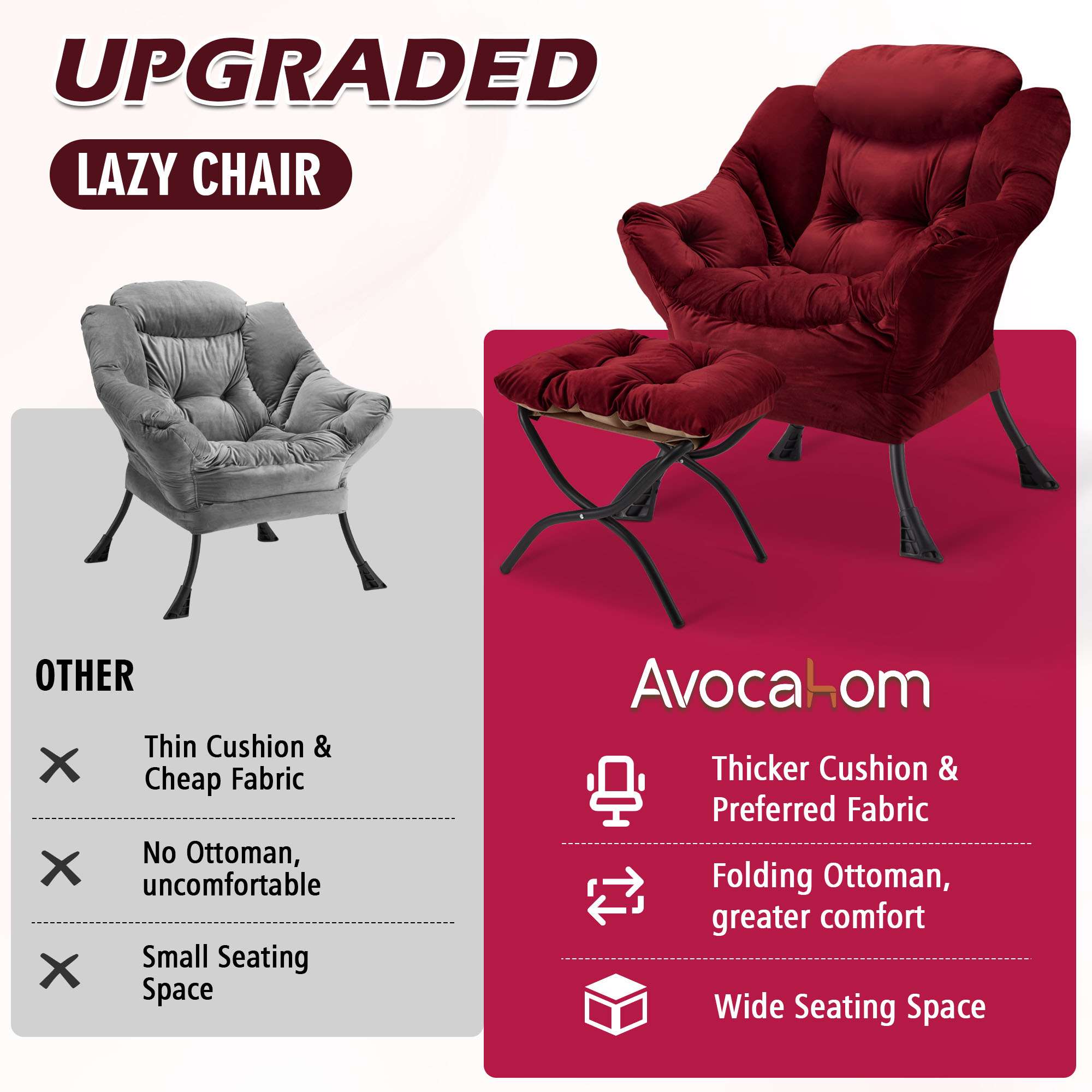 AHB® Lazy Chair with Folding Ottoman Upholstered Sofa Armchair Reading Chair