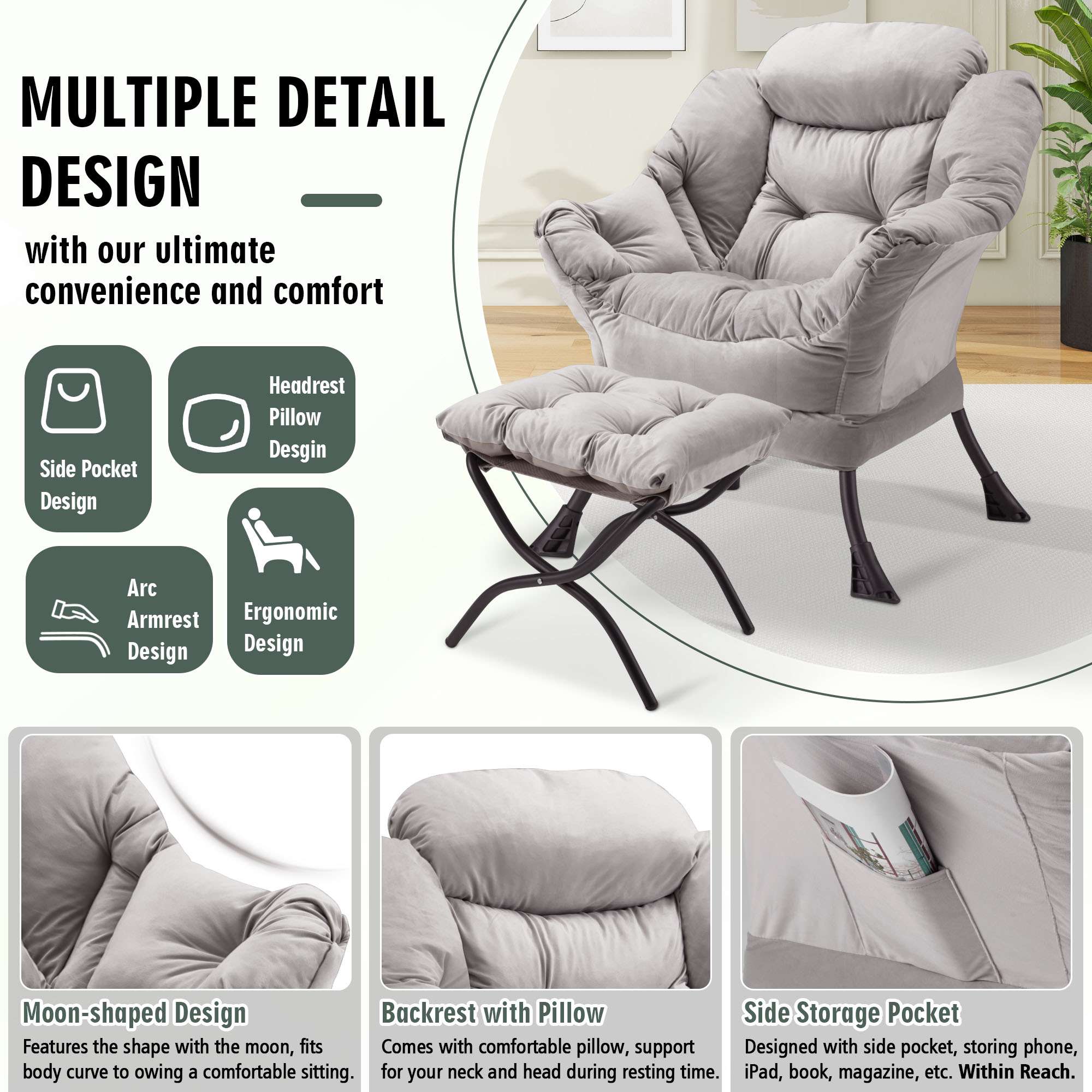 AHB® Lazy Chair with Folding Ottoman Upholstered Sofa Armchair Reading Chair