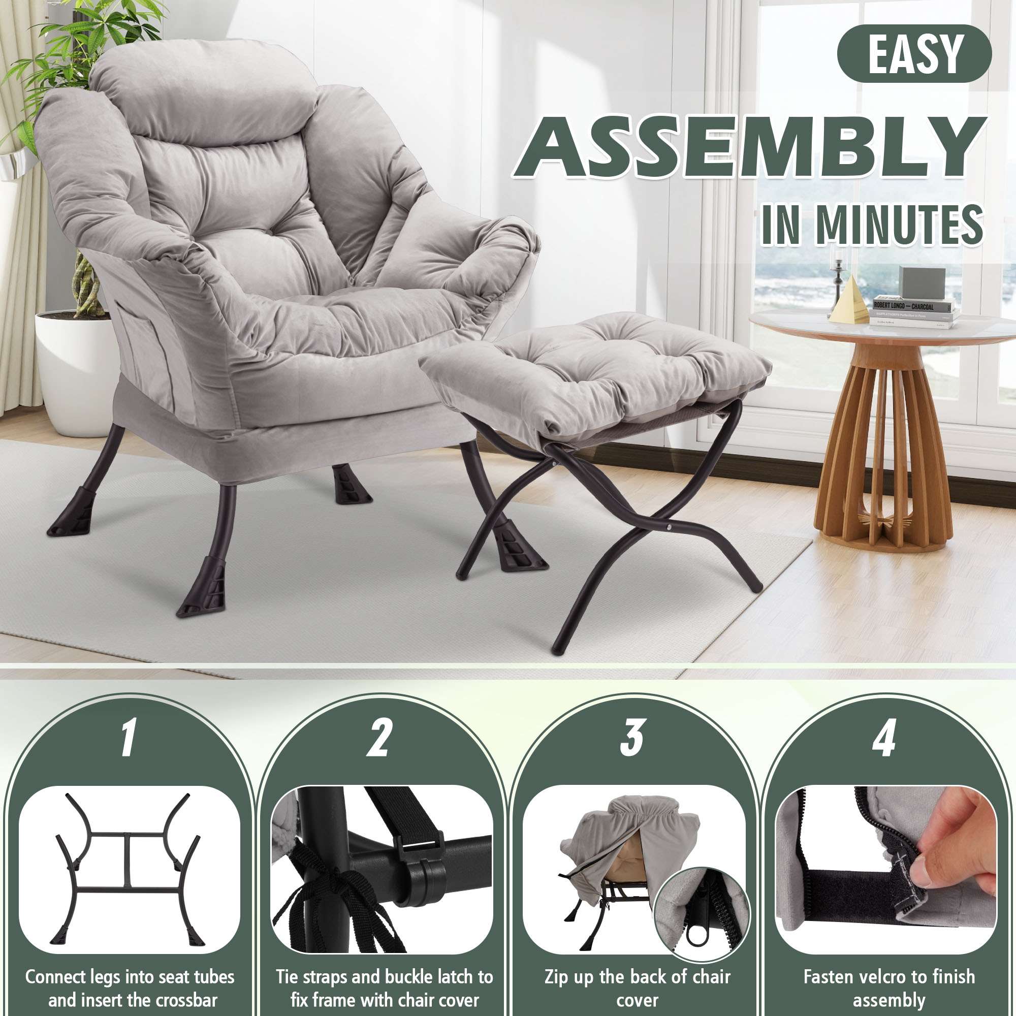 AHB® Lazy Chair with Folding Ottoman Upholstered Sofa Armchair Reading Chair