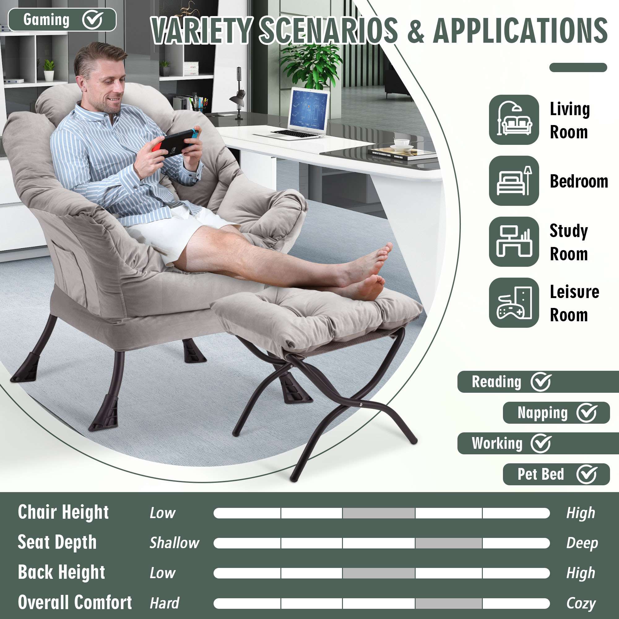 AHB® Lazy Chair with Folding Ottoman Upholstered Sofa Armchair Reading Chair