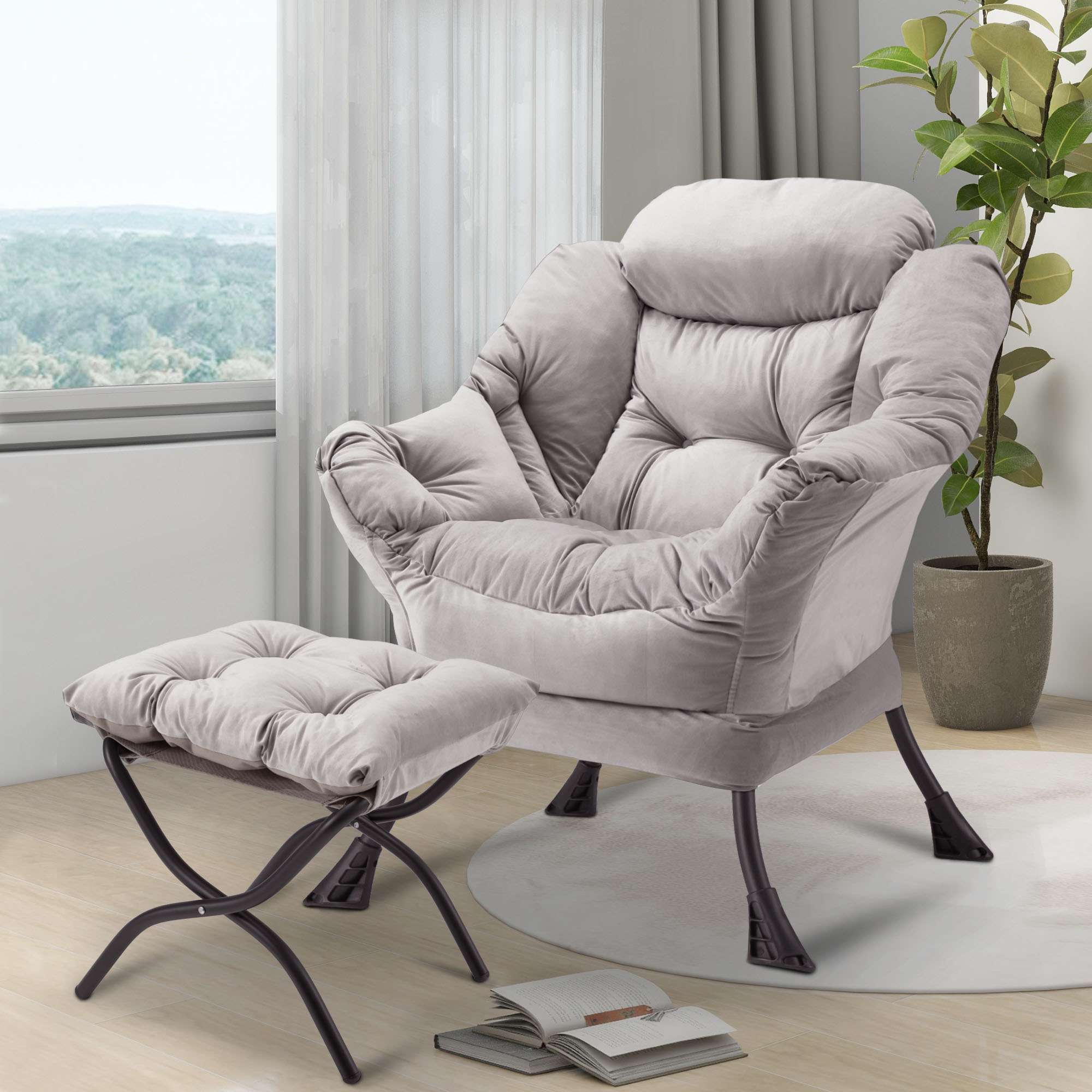 AHB® Lazy Chair with Folding Ottoman Upholstered Sofa Armchair Reading Chair