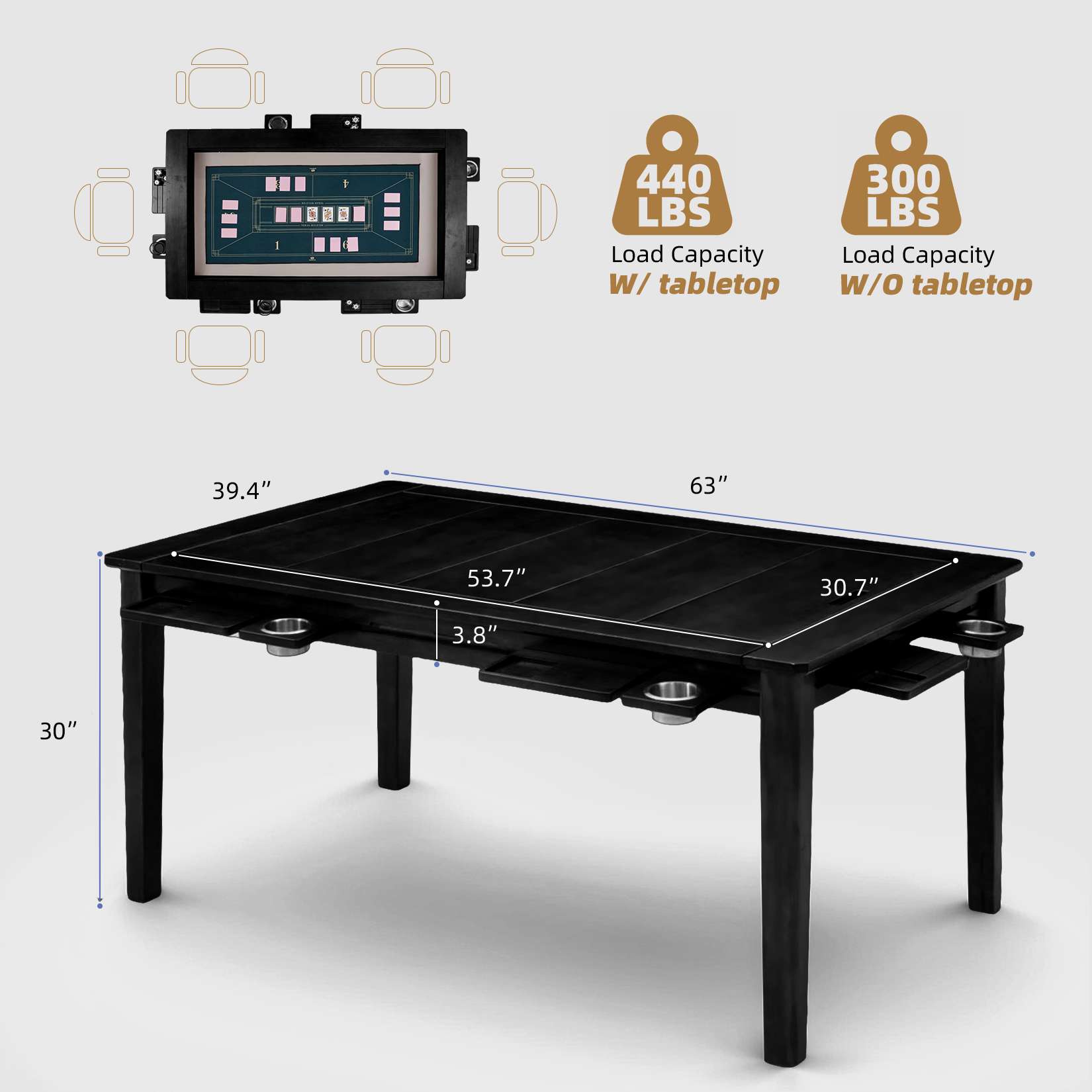 Avocahom 63" x39" Board Game Table for 4-6 with Removable Table Top