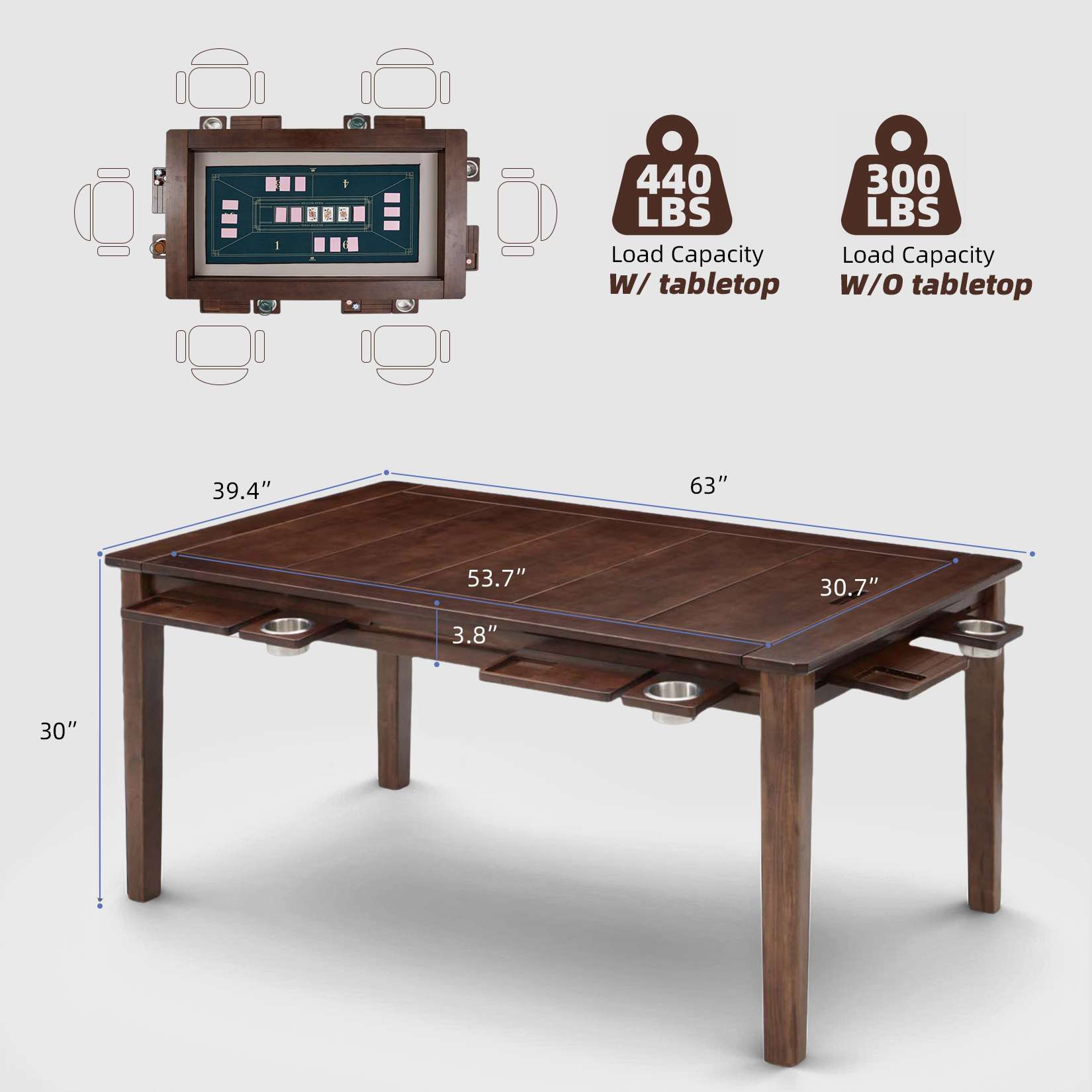 Avocahom 63" x39" Board Game Table for 4-6 with Removable Table Top