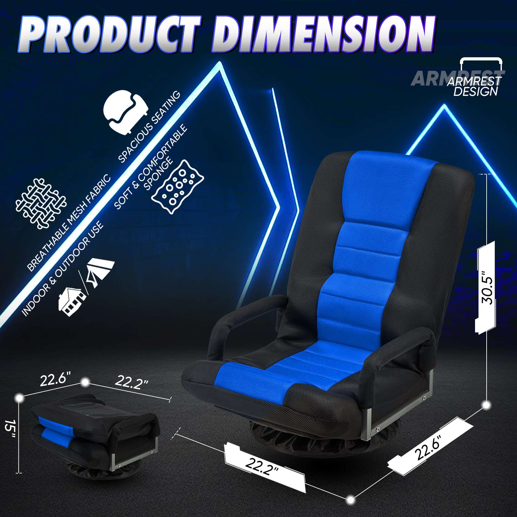 Avocahom Swivel Floor Gaming Chair w/Armrests and 6 Adjustable Postion Backrest