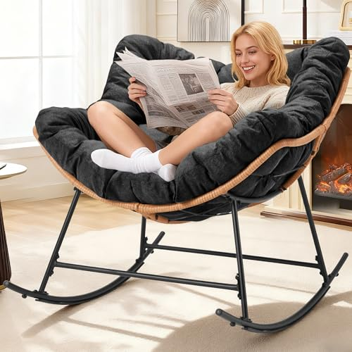 AHB® Oversized Indoor Rocking Chair with Thick Cushion, Cozy Egg-Shaped Wicker for Bedroom, Living room, Patio, Courtyard
