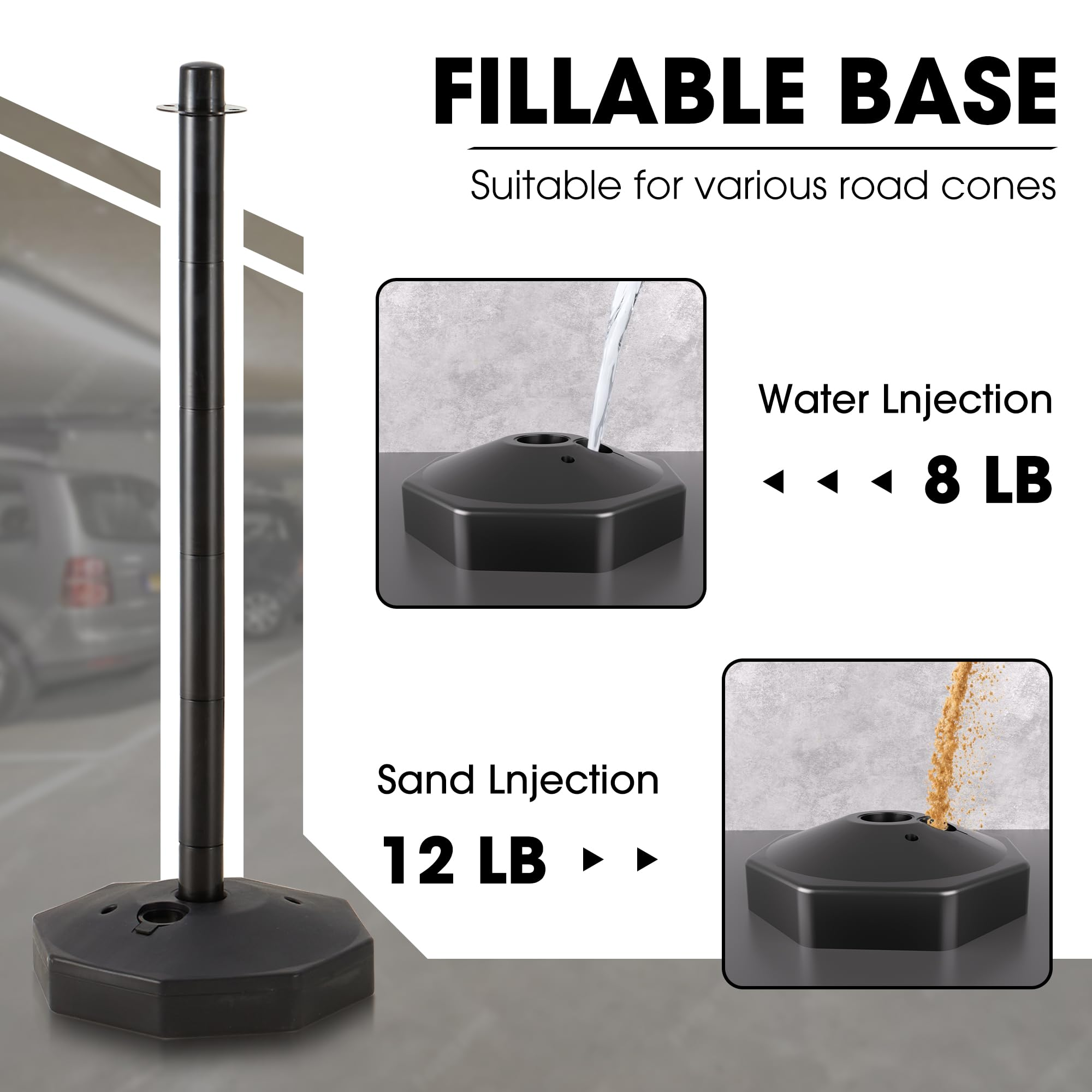 AHB® 6 Pack Traffic Barricade Delineator Post with Fillable Base, Crowd Control Barriers, Cones for Parking Lot, Adjustable Stanchions with 5.4FT Plastic Chain Outdoor and Indoor