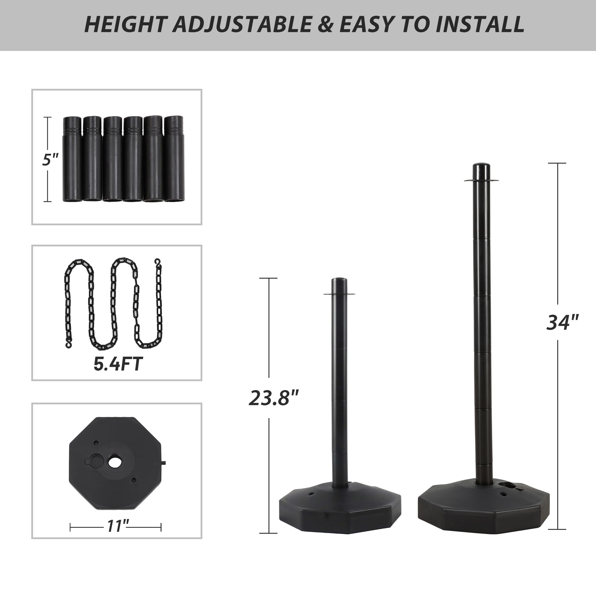 AHB® 6 Pack Traffic Barricade Delineator Post with Fillable Base, Crowd Control Barriers, Cones for Parking Lot, Adjustable Stanchions with 5.4FT Plastic Chain Outdoor and Indoor