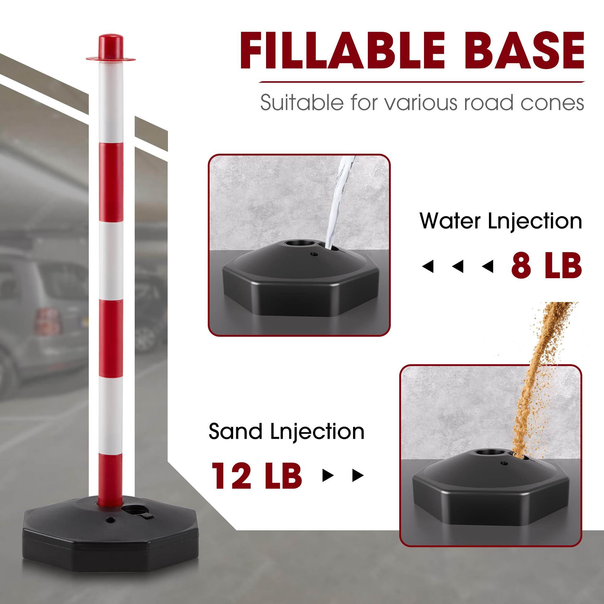 AHB® 6 Pack Traffic Barricade Delineator Post with Fillable Base, Crowd Control Barriers, Cones for Parking Lot, Adjustable Stanchions with 5.4FT Plastic Chain Outdoor and Indoor