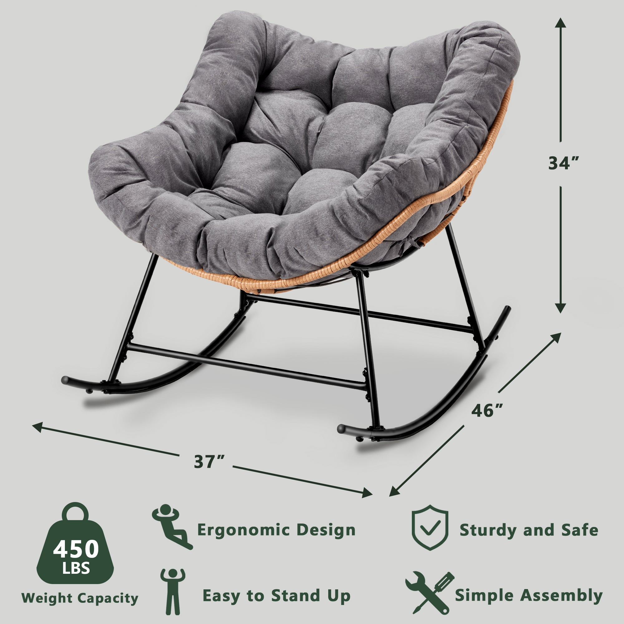 AHB® Oversized Indoor Rocking Chair with Thick Cushion, Cozy Egg-Shaped Wicker for Bedroom, Living room, Patio, Courtyard