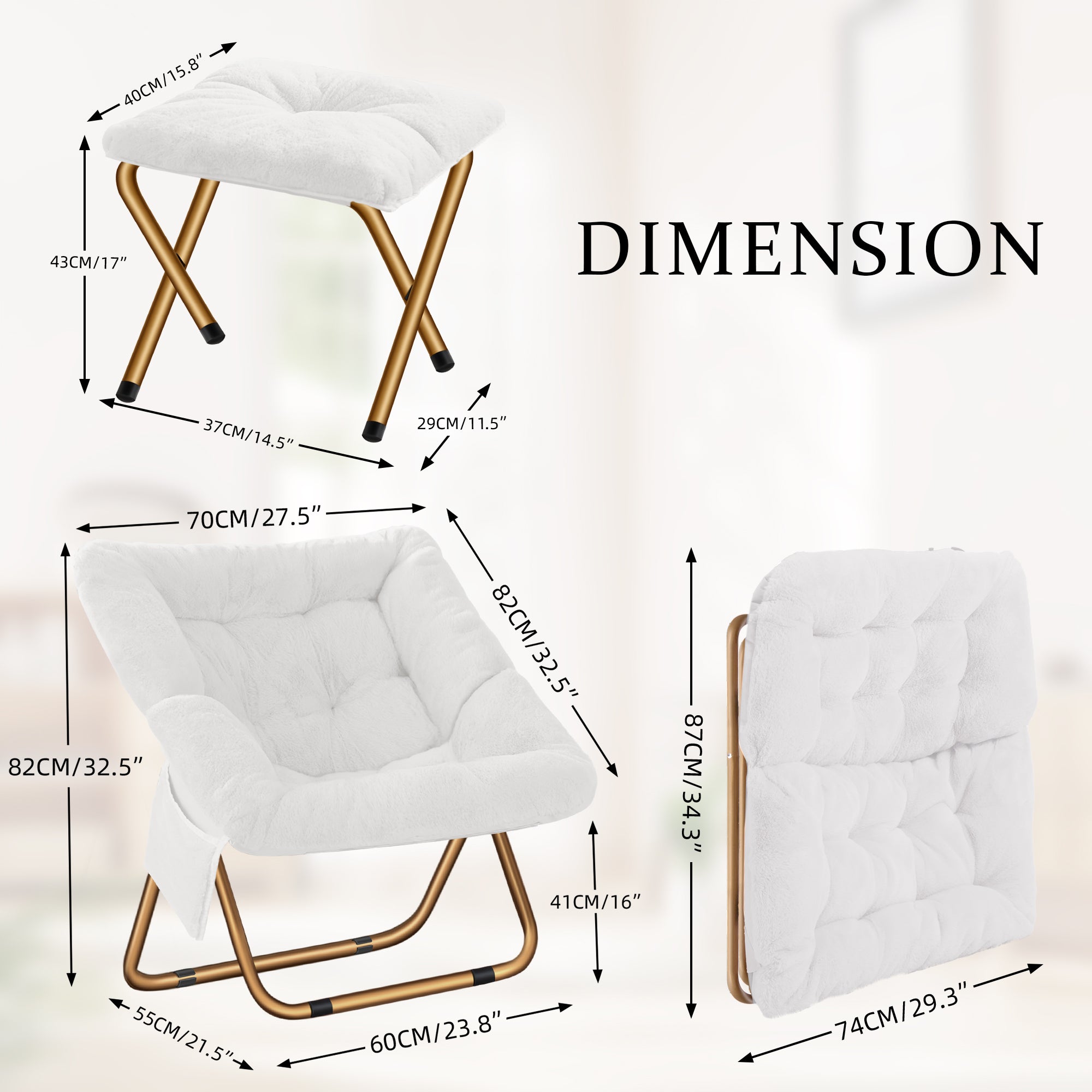 Comfy Saucer Chair, Foldable Living Room Chairs, Soft Faux Fur Lounge Chair for Bedroom, Reading Chairs for Adults,Teens, X-Large