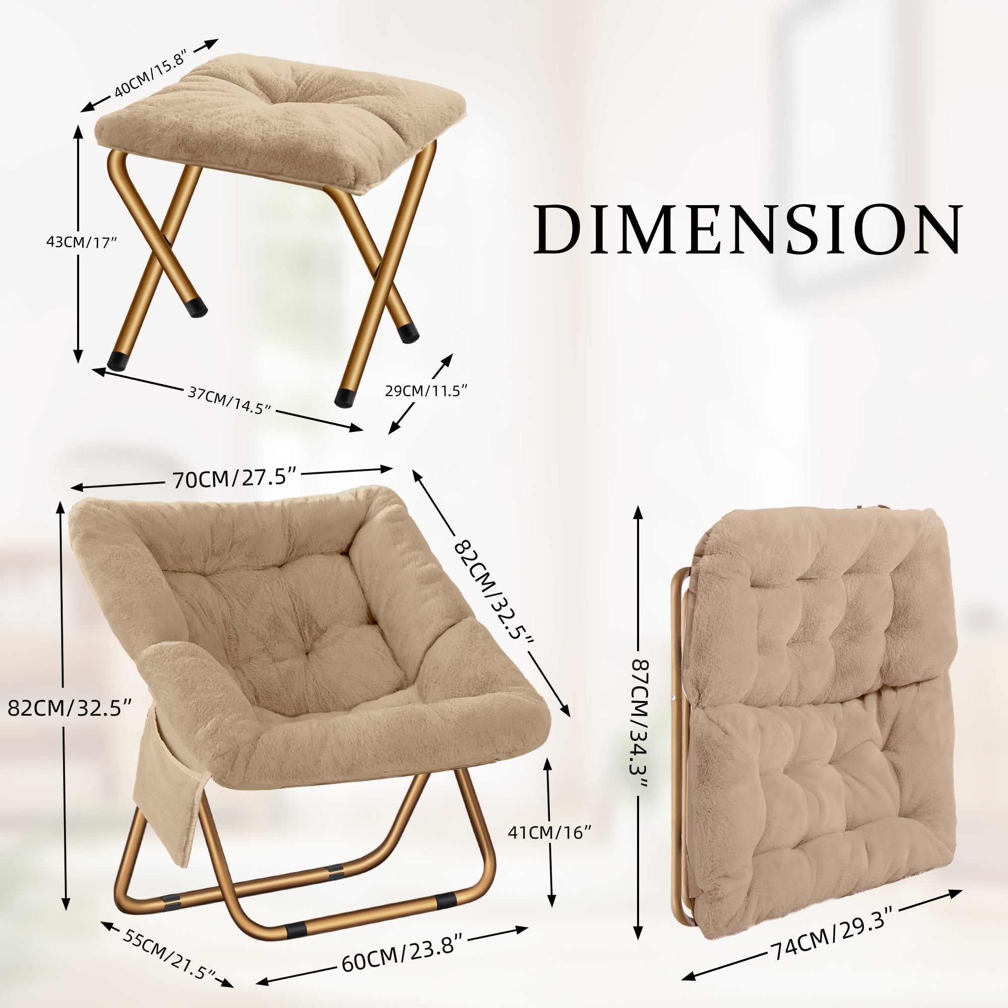 Comfy Saucer Chair, Foldable Living Room Chairs, Soft Faux Fur Lounge Chair for Bedroom, Reading Chairs for Adults,Teens, X-Large